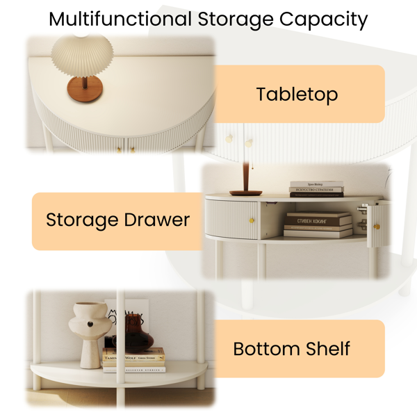 匠心打造的波浪纹半月形控制台桌，奶油白色饰面，独特的半月形设计边桌，配有2个储物抽屉和底部搁板，适用于客厅、卧室、书房、走廊。-10