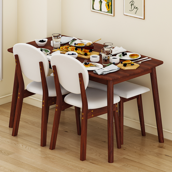 1桌2椅1凳 拆装 橡胶木+软包 深胡桃色 餐桌椅套装 米色坐垫 长方形-20