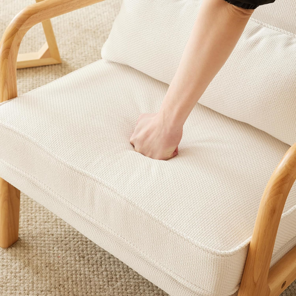 椅子 沙发 原木色橡木扶手 软包 米白色 麻布 单人休闲椅-3