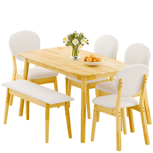 1桌4椅1凳 拆装 橡胶木+软包 原木色 餐桌椅套装 米色坐垫 长方形-4