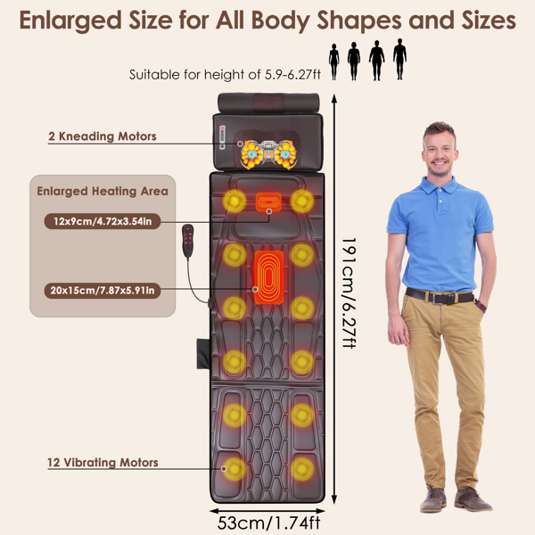 （自提可发加拿大，temu&tk下自提单）全身加热按摩垫，配备12个按摩头与9种振动模式，可拆卸指压式颈部及足部按摩器，缓解背部/腿部疼痛--棕色皮款-15