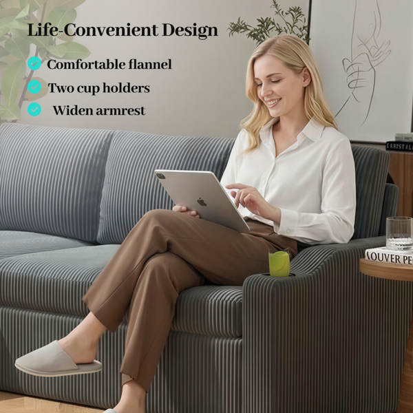 可转换灯芯绒L型储物沙发床，带杯架扶手，现代风格客厅折叠沙发-9