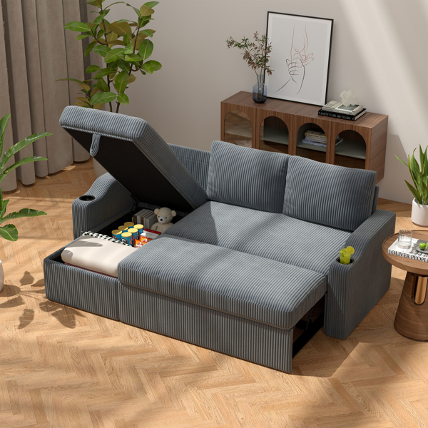 可转换灯芯绒L型储物沙发床，带杯架扶手，现代风格客厅折叠沙发-3