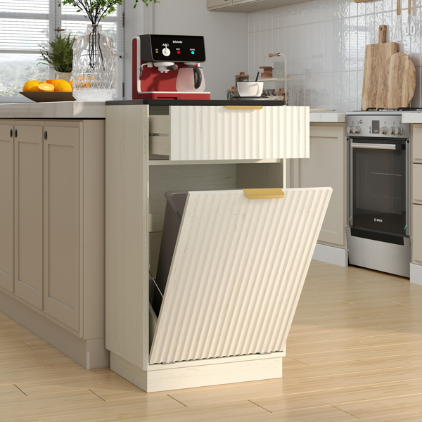 10加仑木纹倾斜式垃圾桶柜，带波浪纹理隐藏式抽屉拉出式垃圾桶，多功能厨房/浴室收纳柜，仿古白色饰面-12