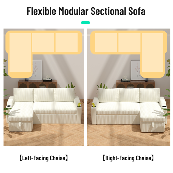 可转换灯芯绒L型储物沙发床，带杯架扶手，现代风格客厅折叠沙发-5