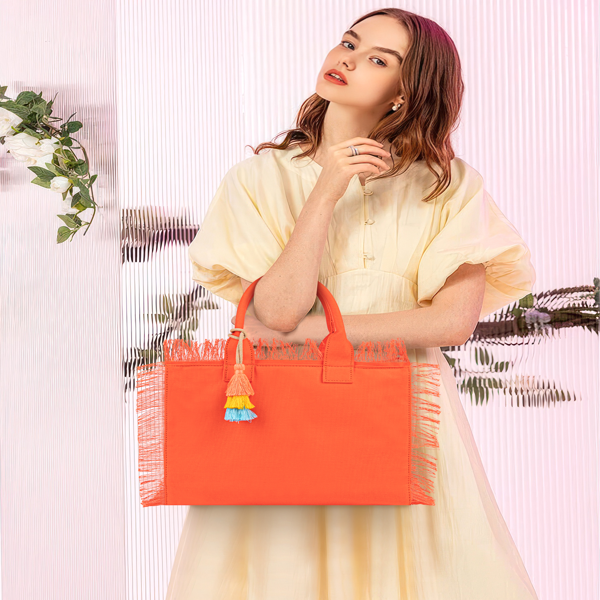女士帆布手提包带流苏，肩背包顶部提手手袋配拉链闭合，适用于工作、旅行、海滩、健身房、购物-橘色-7