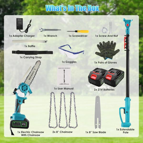 （物流随机发，自提可发加拿大）2合1无线伸缩锯与手持链锯，1200W无刷电机配双3000mAh电池，13英尺可调锯头，自动注油润滑系统及树木修剪安全套装-10