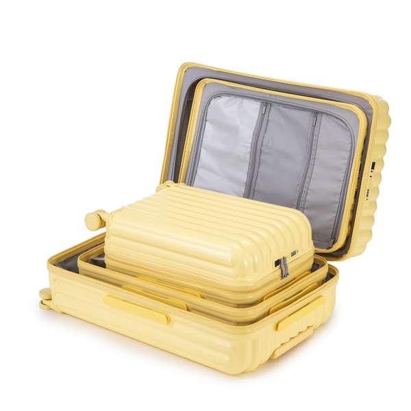 20英寸/24英寸/28英寸三件套ABS材质万向轮拉杆箱，登机箱，带杯架、USB接口和手机支架（黄色）-12