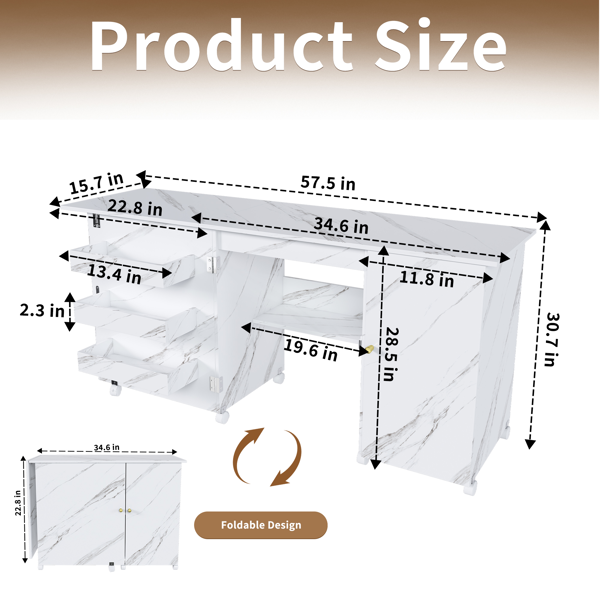 57.5英寸可折叠缝纫机桌，带锁定脚轮，多功能储物工艺工作台，带搁板、收纳箱和柜子，可调节缝纫柜，适用于家庭、卧室和工艺室（白色）-8