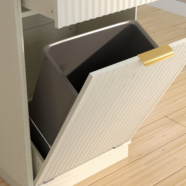 10加仑木纹倾斜式垃圾桶柜，带波浪纹理隐藏式抽屉拉出式垃圾桶，多功能厨房/浴室收纳柜，仿古白色饰面-14