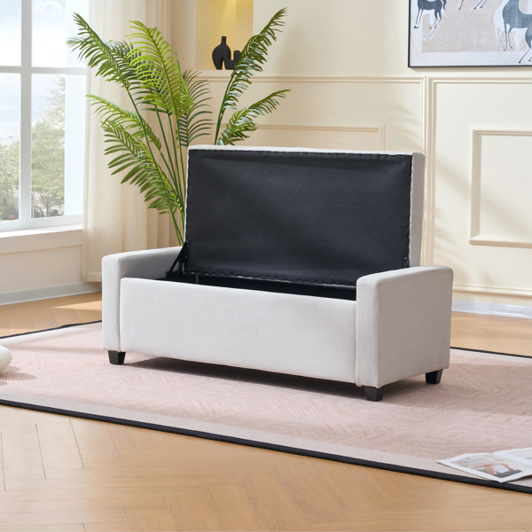 48英寸卧室床尾储物长凳，仿亚麻布面软垫储物凳，带扶手，适用于卧室、客厅、玄关，米色-6