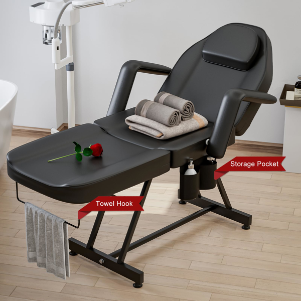 专业纹身床椅按摩床，带储物袋和毛巾挂钩，适用于美容师，可调节靠背及脚踏，三段式，黑色-7