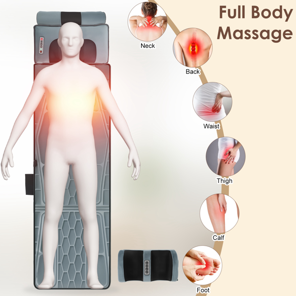 （自提可发加拿大，temu&tk下自提单）全身加热按摩垫，配备12个按摩头与9种振动模式，可拆卸指压式颈部及足部按摩器，缓解背部/腿部疼痛--法兰灰-14