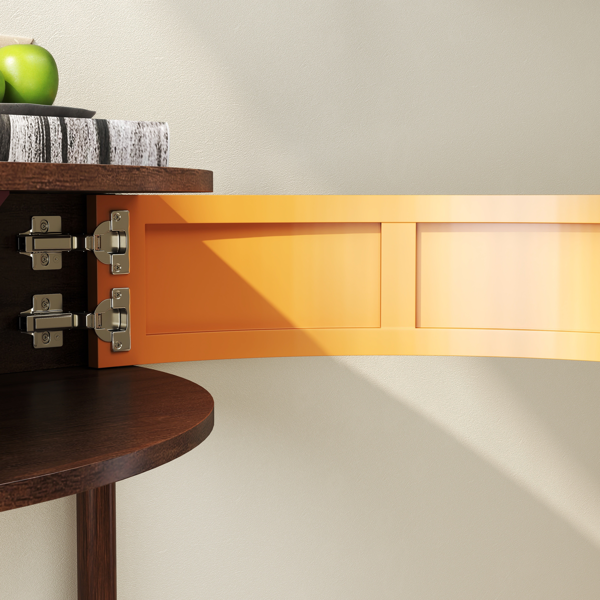 匠心打造的波浪纹半月形控制台桌，棕色木纹，独特的半月形设计边桌，带2个储物抽屉和底部搁板，适用于客厅、卧室、书房、走廊。-6