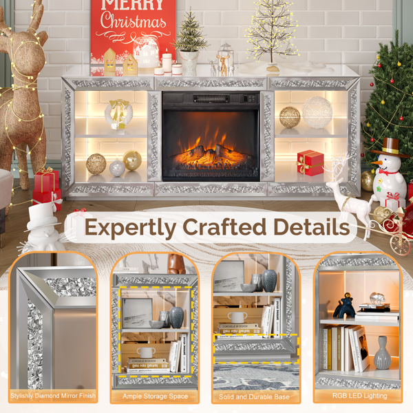 银色 镜面 143*35*62 中纤板 层架不带抽壁炉电视柜  & 18in壁炉芯-10