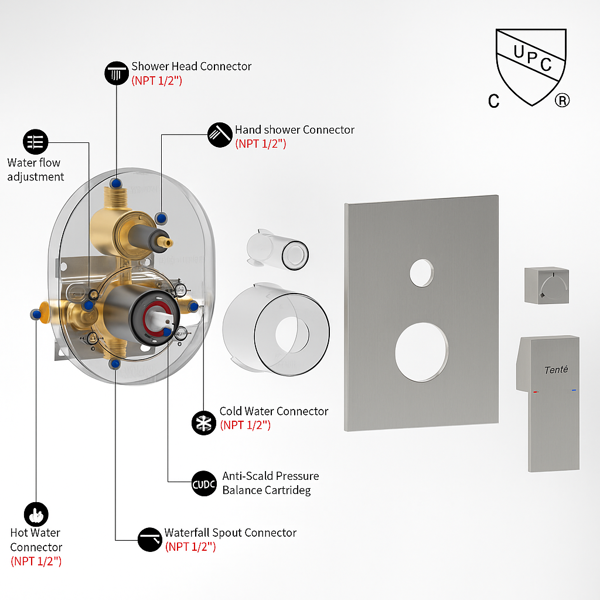 公头NPT拉丝镍淋浴系统，12英寸淋浴装置，带手持淋浴喷头的雨喷头，浴室壁挂式淋浴水龙头套件（包括压力平衡淋浴阀套件）【周末不发货，TK/TEMU订单仅支持自提】-5