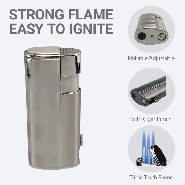 SIKARO®飓风* 三直冲专用高档雪茄打火机带雪茄打孔器白镍银色雪茄香烟厨房户外可重复充气可调节火焰高度便携式-3