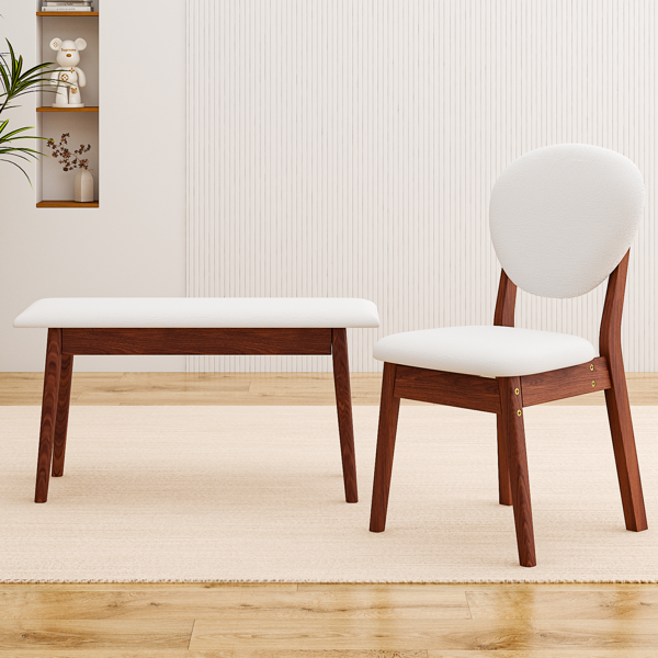 1桌2椅1凳 拆装 橡胶木+软包 深胡桃色 餐桌椅套装 米色坐垫 长方形-17