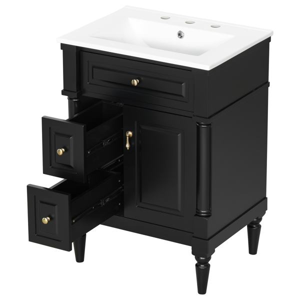 24英寸浴室柜，带水槽，黑色独立式浴室柜，带翻盖抽屉、可调节搁板、实心橡胶木框架、中密度纤维板和金属把手-15