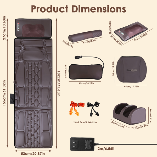 （自提可发加拿大，temu&tk下自提单）全身加热按摩垫，配备12个按摩头与9种振动模式，可拆卸指压式颈部及足部按摩器，缓解背部/腿部疼痛--棕色皮款-14