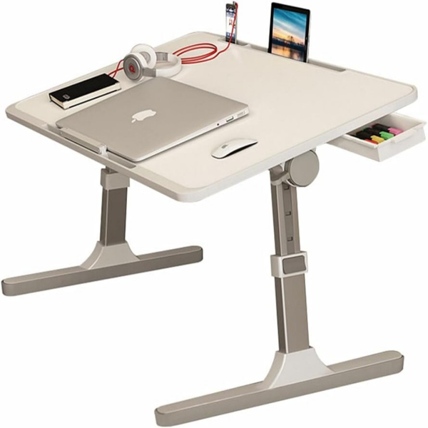 桌子 床上折叠桌 广东腿 珍珠白 卡槽+挡条+抽屉 可升降-1