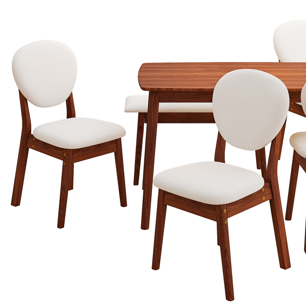 1桌4椅1凳 拆装 橡胶木+软包 深胡桃色 餐桌椅套装 米色坐垫 长方形-2