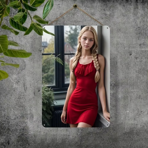 CIFbuy复古金发女孩红裙铝制墙面装饰画 TikTok、temu下自提-4