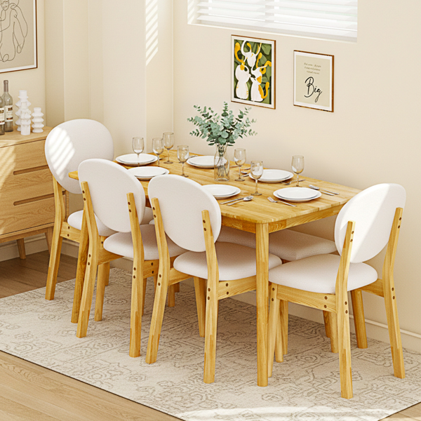 1桌4椅1凳 拆装 橡胶木+软包 原木色 餐桌椅套装 米色坐垫 长方形-17