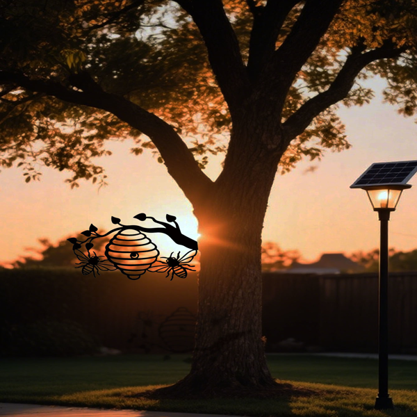 CIFbuy阳光黄蜂巢铁壁挂户外庭院蜜蜂与树剪影花园悬挂装饰(TikTok、temu下自提)-2