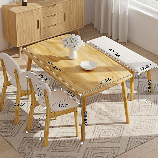 1桌2椅1凳 拆装 橡胶木+软包 原木色 餐桌椅套装 米色坐垫 长方形-4