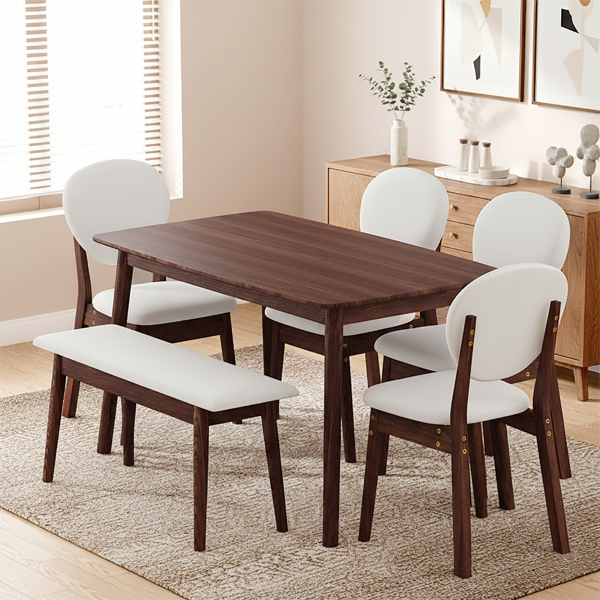 1桌4椅1凳 拆装 橡胶木+软包 深胡桃色 餐桌椅套装 米色坐垫 长方形-12