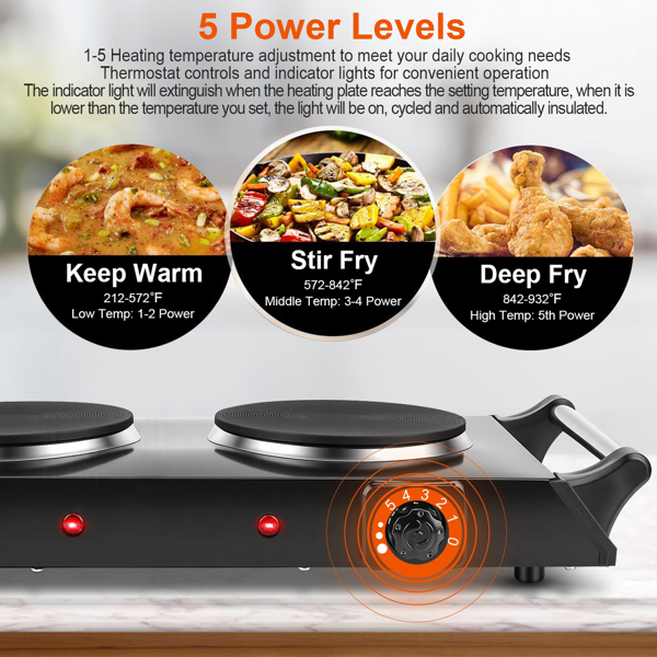 （自提可发加拿大，temu&tk下自提单）2000 瓦双灶电加热板，5 档温度调节（200℃-500℃），便携式台面炉，适用于所有平底炊具，加热快速均匀，易于清洁，适合宿舍、房车、公寓使用-9