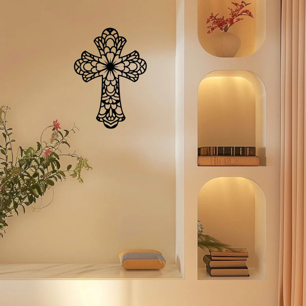 现代和时尚的创意装饰金属墙艺术与美丽的复古风格的十字架装饰墙-高级级墙雕塑。（TikTok、temu下自提）-5