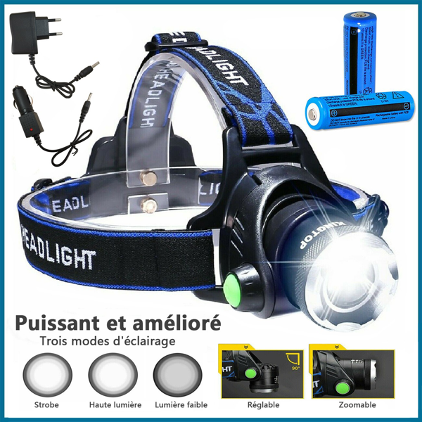 可充电LED头灯头灯野营徒步旅行头灯工作灯+电池+充电器套装-2