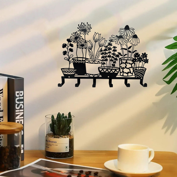 CIFbuy现代简约黑色壁挂钥匙架与花瓶收纳架一体化设计（TikTok、temu下自提）-3