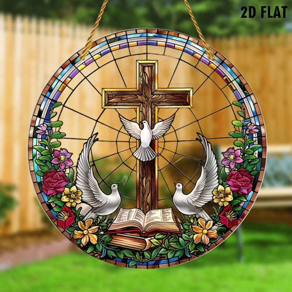 CIFbuy亚克力窗饰挂件带十字架白鸽 彩色窗花效果壁饰 户外花园装饰 彩色灵性礼品 (TikTok、temu下自提)-3