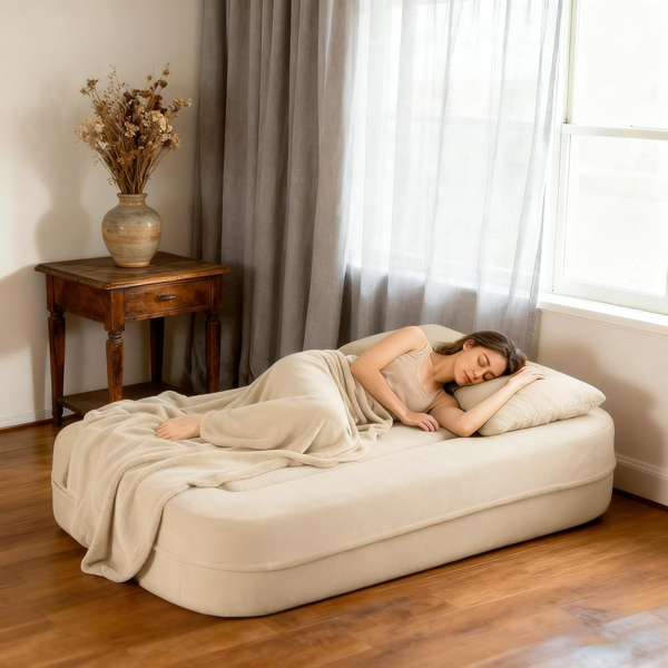 可转换沙发床，带毯子，客厅卧室用无骨云沙发，高密度实心海绵模块化沙发座，米色-7