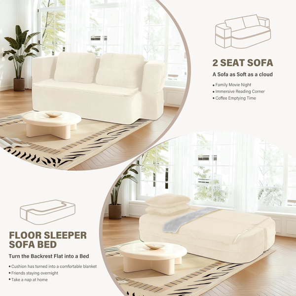 可转换沙发床，带毯子，客厅卧室用无骨云沙发，高密度实心海绵模块化沙发座，米色-5