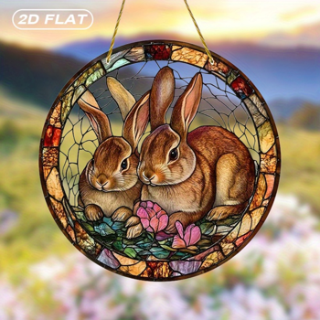 CIFbuy亚克力两兔花卉染色玻璃效果窗挂花园门廊装饰(TikTok、temu下自提)