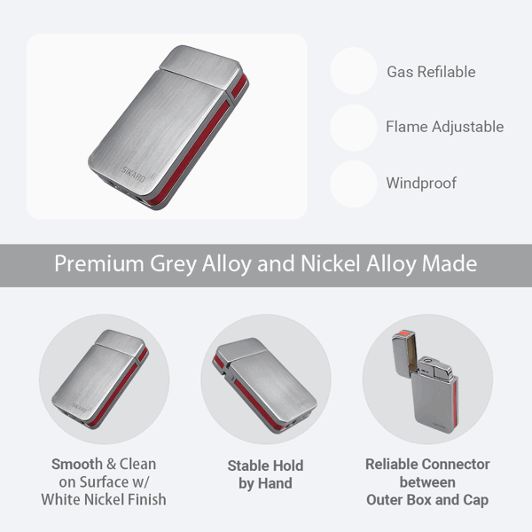 SIKARO®星空* 银面红色边条日本设计时尚强力防风打火机雪茄香烟厨房户外可重复充气可调节火焰高度便携式-4