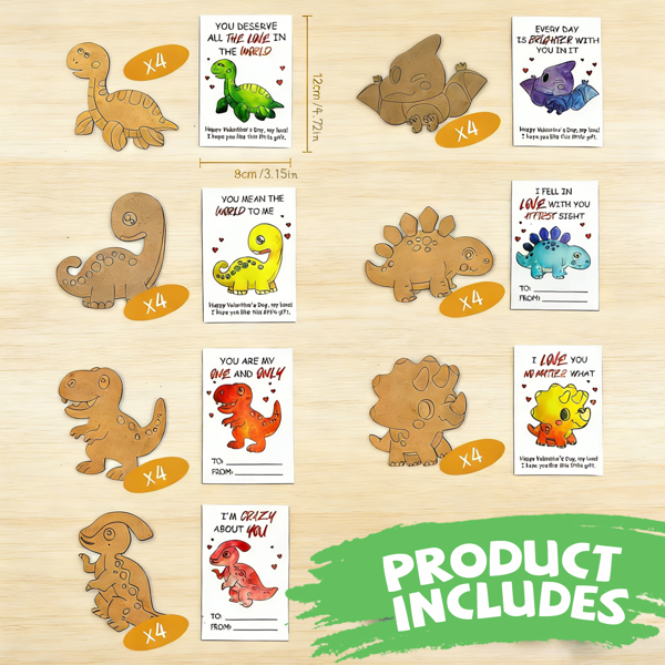 情人节儿童礼物 - 28 张情人节卡片套装，含美术用品 - 恐龙木质绘画工艺套装 - 适合课堂儿童男孩女孩礼物交换 - 情人节派对小礼物-2