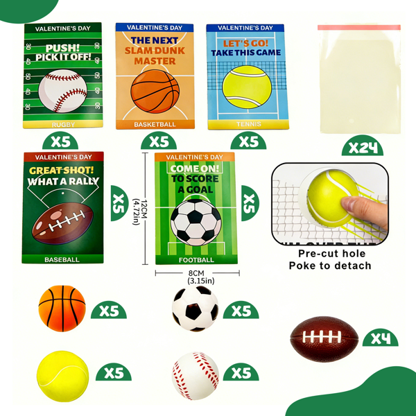 Sports Valentines Cards Gifts for Kids School Classroom - 24 Pack, Mini Foam Ball Toys with Exchange Cards for Toddler Boys Girls, Valentines Party Favors Goodie Bag Stuffer Class Prizes for Students-2