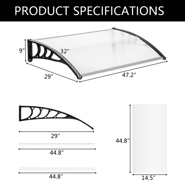 【同款编码：45171439】120*80cm 透明板黑色支架 雨篷 塑料支架 阳光板 前后铝条 英国-6