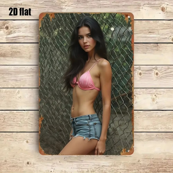 CIFbuy复古粉色比基尼牛仔短裤金属墙饰 铝制标牌可挂墙 (TikTok、temu下自提)-6