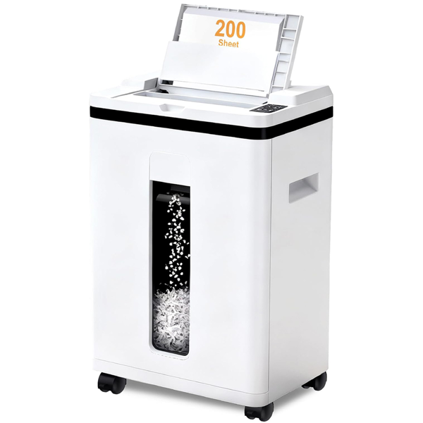 200页自动进纸碎纸机，40分钟不间断重负荷运行，P-5级超强安全商用碎纸机（适用于家庭办公室），微粒切割碎纸机带滚轮，5.8加仑容量，噪音低于60分贝（白色款）-1