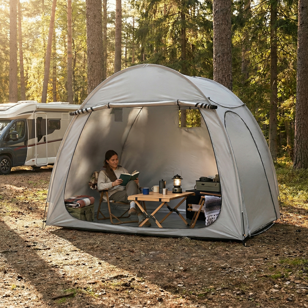 6.8X4.9FT 浅灰色 圆弧形 储物棚  双门(前侧和右侧) 内部配收纳袋 黑色玻纤杆框架 210DPU银胶牛津布 自行车储物棚 配拎包-16