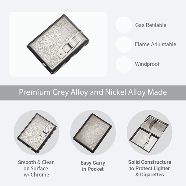 LEGENDEX®优雅*黑镍面金属烟盒标准84毫米小雪茄/香烟盒内嵌防风打火机雪茄香烟厨房户外可重复充气可调节火焰高度便携式-5