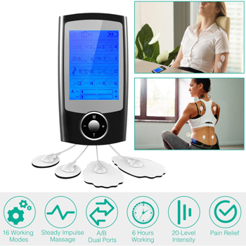 （自提可发加拿大，temu&tk下自提单）双通道脉冲按摩仪 电动肌肉刺激器 疼痛缓解治疗设备配备16种按摩模式、双A/B输出通道、20档强度调节、6小时续航时间可充电式电动按摩器，适用于背痛、关节炎及全身放松