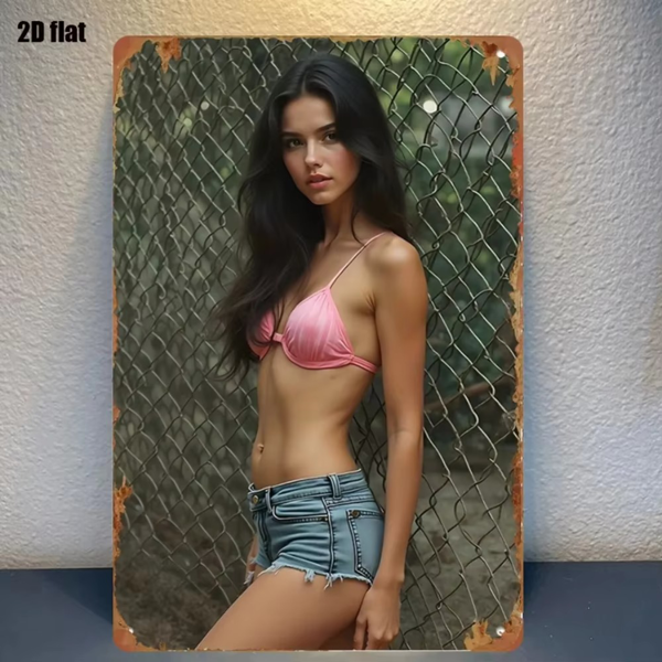 CIFbuy复古粉色比基尼牛仔短裤金属墙饰 铝制标牌可挂墙 (TikTok、temu下自提)-3