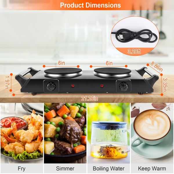 （自提可发加拿大，temu&tk下自提单）2000 瓦双灶电加热板，5 档温度调节（200℃-500℃），便携式台面炉，适用于所有平底炊具，加热快速均匀，易于清洁，适合宿舍、房车、公寓使用-10